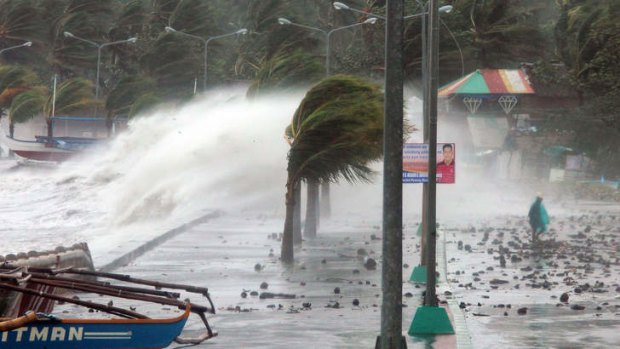 Waves pounding the sea wall during Typhoon Haiyan.