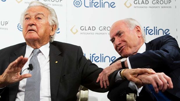 Familiar foes: Former Australian prime ministers Bob Hawke and John Howard during a Lifeline fund-raiser at Sydney's Westin Hotel.