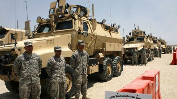 US convoy of the 1st sustainment brigade prepares to go to Iraq to bring back heavy military equipment at an undisclosed US military base in Kuwait.