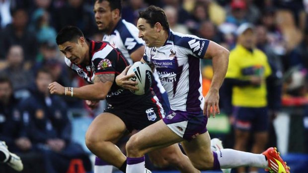Shut the gate ... Melbourne's fullback Billy Slater was at his best yesterday.