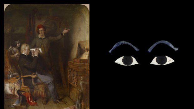 Left: <i>Dick Tinto Showing Peter Pattieson his Sketch of the Bride of Lammermoor</i>, c. 1847 Robert Scott Lauder.  Right: <i>Eyes and brows</i>, inlay fragments Egypt, New Kingdom, c. 1550. Images courtesy of MONA.