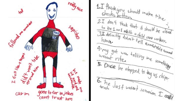 Age of innocence: Drawing of Jonathan Lord by "AJ", tendered as evidence at the royal commission into child sex abuse. Right, a statement about Jonathan Lord by AJ.