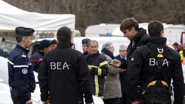 Members of the BEA, the French Air Accident Investigation Agency, in Seyne-les-Alpes.