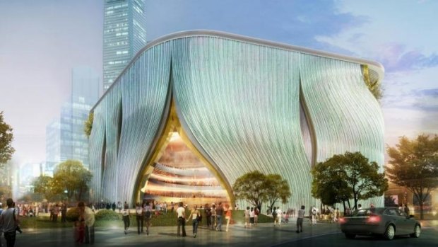 Street-level view of the Xiqu Centre in the Kowloon Cultural District.
