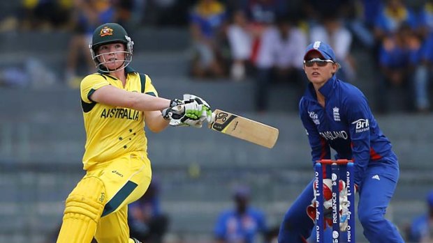 Australia's Jess Cameron hits a six during her innings of 45 which earned her the player of the match award.