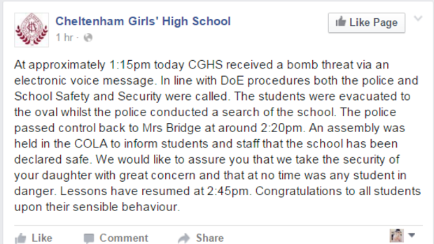 Cheltenham Girls High School confirmed it had received a bomb threat via its Facebook page.