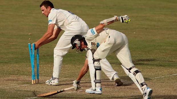 Josh Hazlewood of the Blues unsuccessfully attempts to run out Michael Hogan of the Warriors.