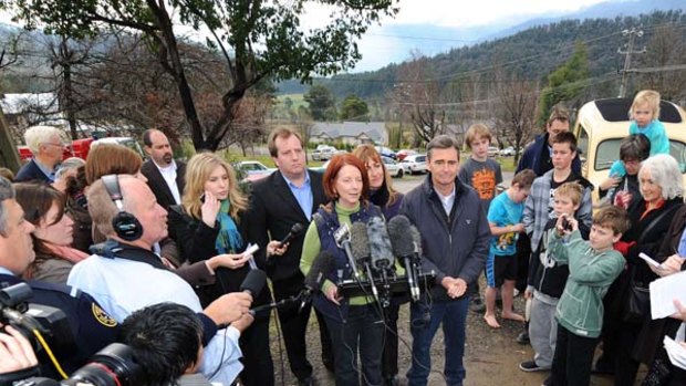 Prime Minister Julia Gillard speaks to the media during a visit to Marysville today.