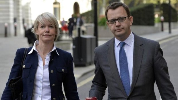 Andy Coulson arrives at the Old Bailey in central London with his wife, Eloise Patrick, for a second day of testimony.