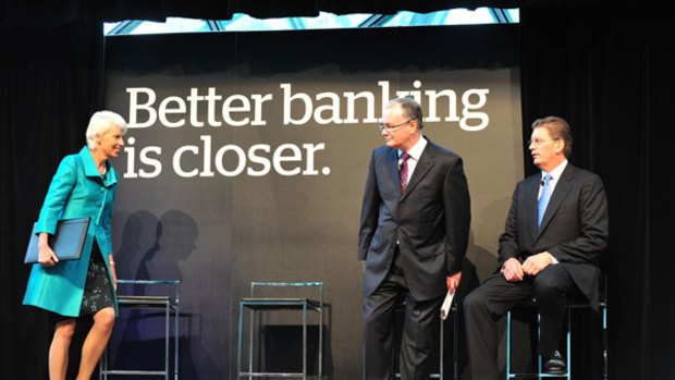 Westpac CEO Gail Kelly, Bank of Melbourne CEO Scott Tanner (centre) and Ted Baillieu assure greater banking competition.