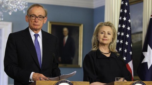 Side by side ... the Foreign Affairs Minister, Bob Carr, holds a joint news conference with the US Secretary of State Hillary Clinton. Mrs Clinton acknowledged the service of Australian soldiers in Afghanistan.