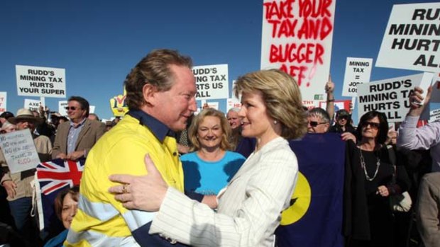 The mining tycoon, Andrew Forrest, meets with the Opposition Deputy Leader, Julie Bishop, at a protest rally in Perth on the mining tax changes.