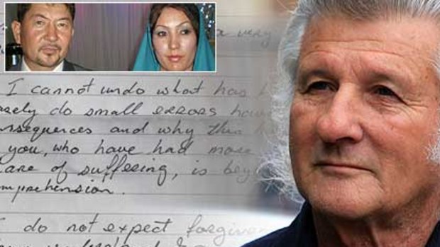 Ronald Jaray, and the letter he wrote to the family of Wali Qsim and Shaifa Qsim, inset, expressing his remorse.