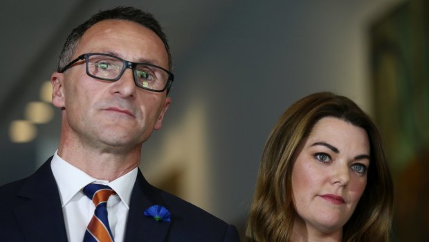 Senators Richard Di Natale and Sarah Hanson-Young address the media after the government announced it had struck a deal with the crossbench to pass its Gonski school funding reforms.