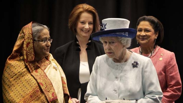 Women leaders  at the CHOGM summit in Perth, the Queen and Julia Gillard with the Prime Minister of Bangladesh, Sheikh Hasina (left), and the Prime Minister of Trinidad and Tobago, Kamla Persad-Bissessar.