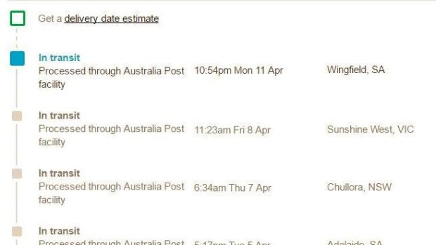 Tracking information showing a parcel travelling from Adelaide to Chullora, NSW, to Sunshine in Melbourne, and then back to Adelaide. 