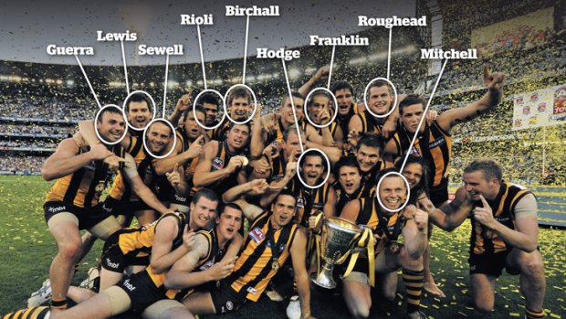 The Hawthorn premiership players of 2008. Just nine of them (circled) will play in this year's grand final.