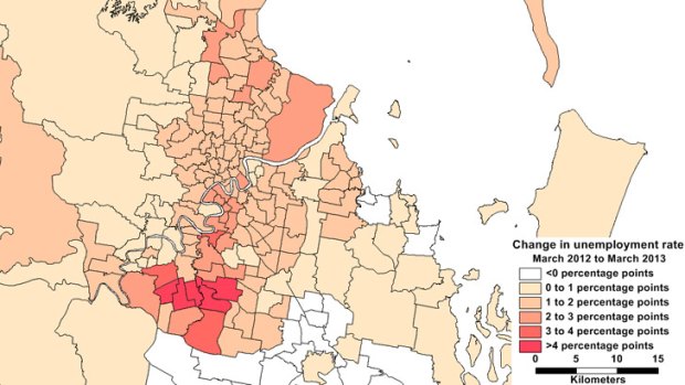 A map of the year-on-year change in unemployment rate in Brisbane suburbs.