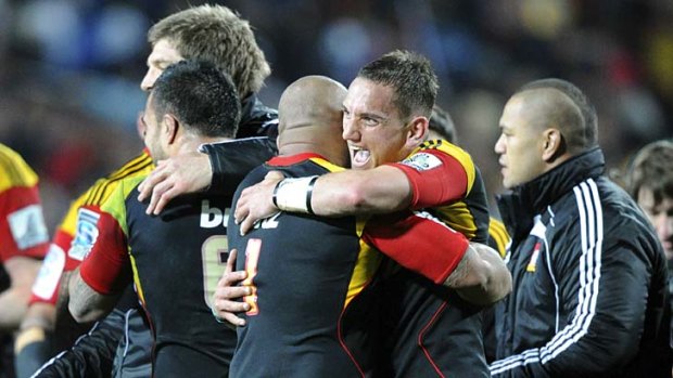Fired by passion &#8230; Aaron Cruden celebrates after the Chiefs turned the tables on the Crusaders in a display of raw-boned aggression.