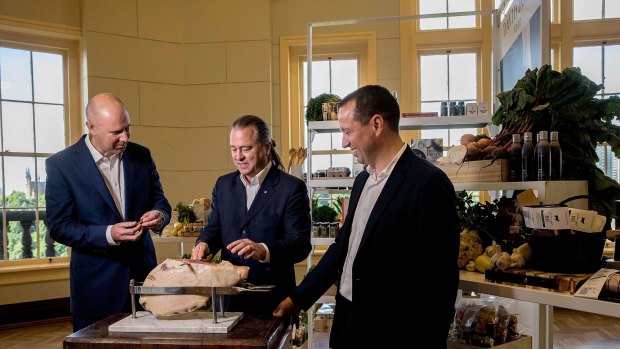Neil Perry (centre) is spearheading a $100-million overhaul of David Jones' food business, under the leadership of chief executive John Dixon (left) and group executive of food Pieter de Wet.