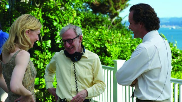 Cate Blanchett (left), writer/ director Woody Allen (centre) and actor Peter Sarsgaard on the set of <i>Blue Jasmine</i>.