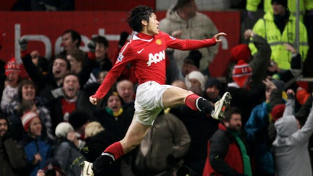 Manchester United's Ji-Sung Park celebrates scoring the opening goal.