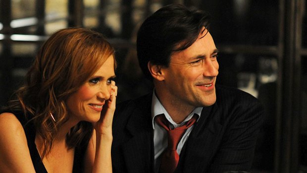 Jon Hamm with Kristen Wiig in a scene from <i>Friends with Kids</i>.