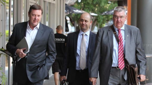 Bring it on ... NRL club representatives Stephen Humphreys (Wests Tigers), Todd Greenberg (Canterbury) and Shane Richardson (Souths) arrive at NRL headquarters yesterday.