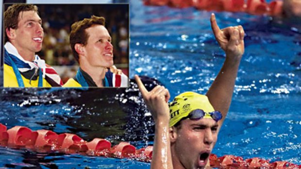 Hero ... Grant Hackett triumphs at the Sydney Olympics. Inset: Hackett and Kieren Perkins on the Olympic dais.