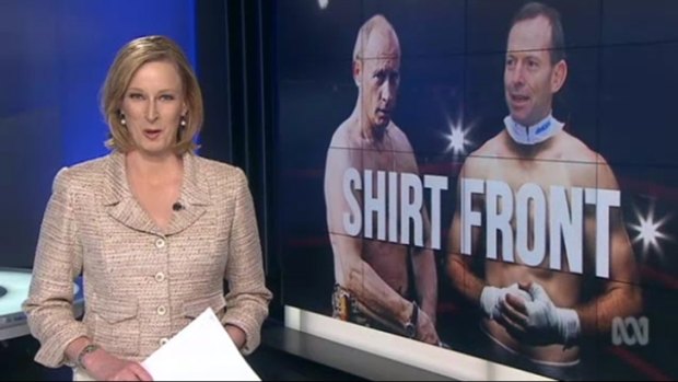 Leigh Sales introducing a sketch on the tension between Tony Abbott and Vladimir Putin.