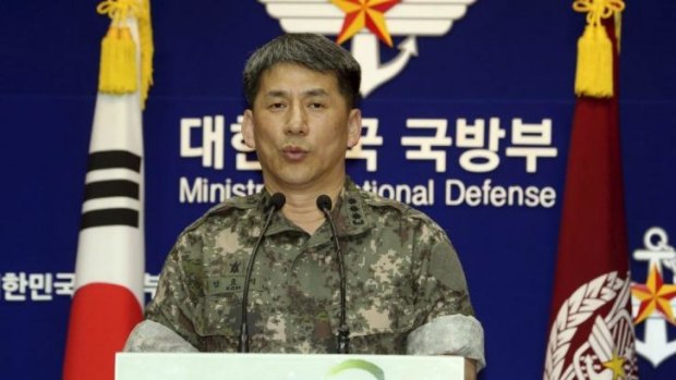 South Korean Army Colonel Eom Hyo-sik gives a briefing in Seoul on a North Korean navy ship which fired two artillery shells in the Yellow Sea at a South Korean ship, which responded by firing warning shells.