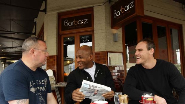 England aces &#8230; Garry Schofield, Ellery Hanley and Gareth Ellis share stories and a laugh in Concord yesterday. Schofield and Hanley are to be inducted into the Wests Tigers' hall of fame.