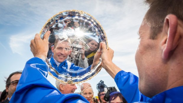 Hugh Bowman after leading Winx to her third Cox Plate at Moonee Valley.