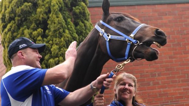 Champion sprinter  Black Caviar with trainer Peter Moody and Donna  Fisher.