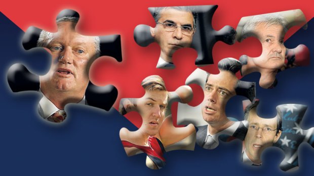 Parts of the puzzle? (clockwise from above): Stephen Dank, Andrew Demetriou, Neil Craig, Cameron Schwab, Gillon McLachlan and Jack Trengove.
