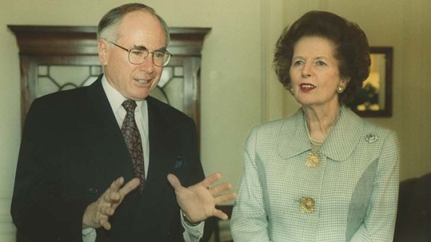 John Howard and Margaret Thatcher in London in 1997.