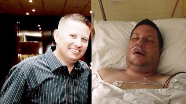 Hope: Andrew McInnes, left, before the alleged assault and, right, recently in hospital. 