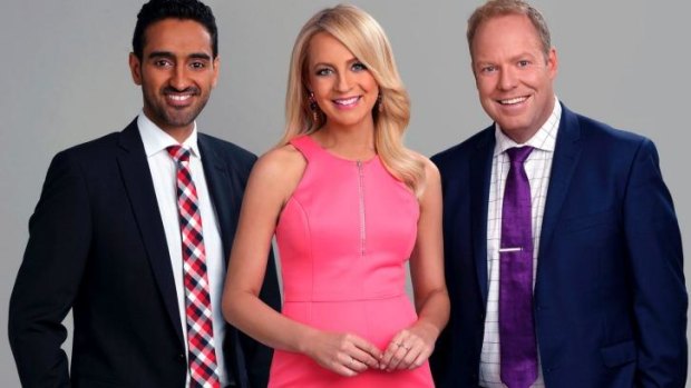 Carrie Bickmore with <i>The Project</i> co-hosts Waleed Aly and Peter Helliar.