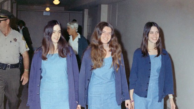 Charles Manson followers Susan Atkins, Patricia Krenwinkel and Leslie Van Houten walk to court to appear for their roles in the 1969 cult killings.