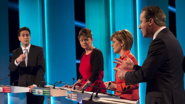 Labour Party leader Ed Miliband, Leanne Wood, the leader of Plaid Cymru, Scottish National Party leader Nicola Sturgeon and British Prime Minister David Cameron debate at Media City in Salford.