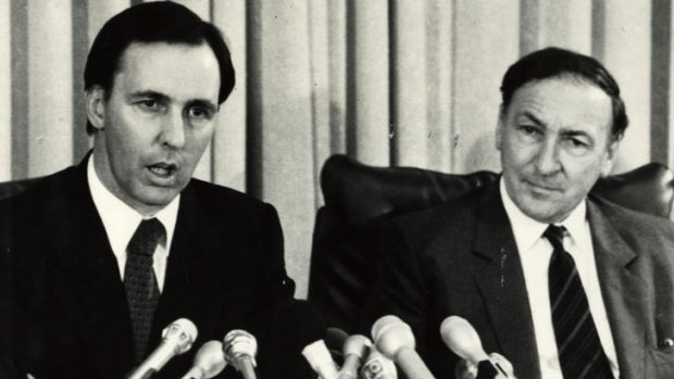 Laying claim ... Paul Keating, treasurer at the time, and then governor of the Reserve Bank Bob Johnston at a press conference on the suspension of the foreign exchange in the early 1980s.