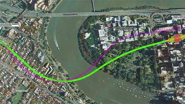 The green line represents the new route of the BaT Tunnel, while the purple line represents the path originally planned.