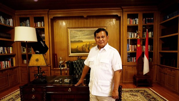 Prabowo Subianto in front of his desk at his mountain retreat in Hambalang, West Java.