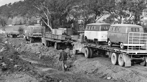 Jam: The scene of the big bog at Tumbalong Bridge where hundreds of trucks were stranded on the Hume Highway in 1956.