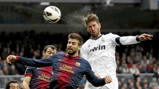 Sergio Ramos scores for Real Madrid against Barcelona.