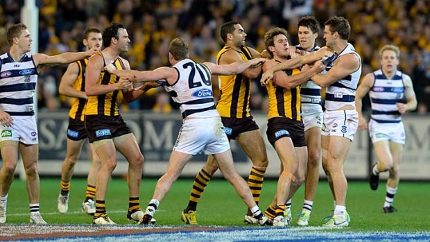 Up in arms: Grant Birchall is taken to task by Geelong players after colliding with Mathew Stokes.