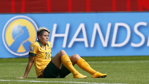 Heartbreak: Michelle Heyman looks disconsolate after the Matildas lost.