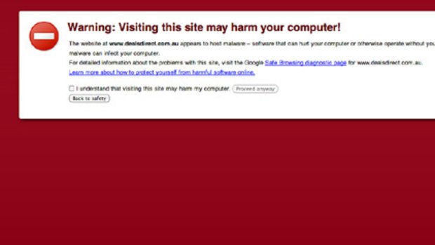 The malware warning presented to people who tried to visit DealsDirect.com.au today.