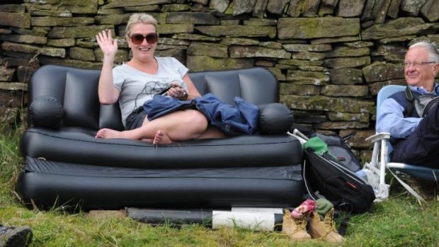 Spectators make themselves comfortable on Holm Moss in Yorkshire for Stage 2.  
