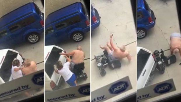 Violent outburst: A US woman has been filmed screaming at her boyfriend before pushing him off his motorised scooter and then driving over it.